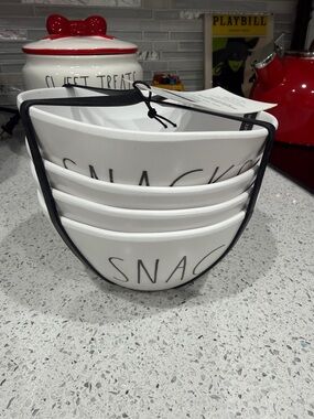 Rae Dunn White & Black Set of 4 "SNACKS" Melamine BOWLS
